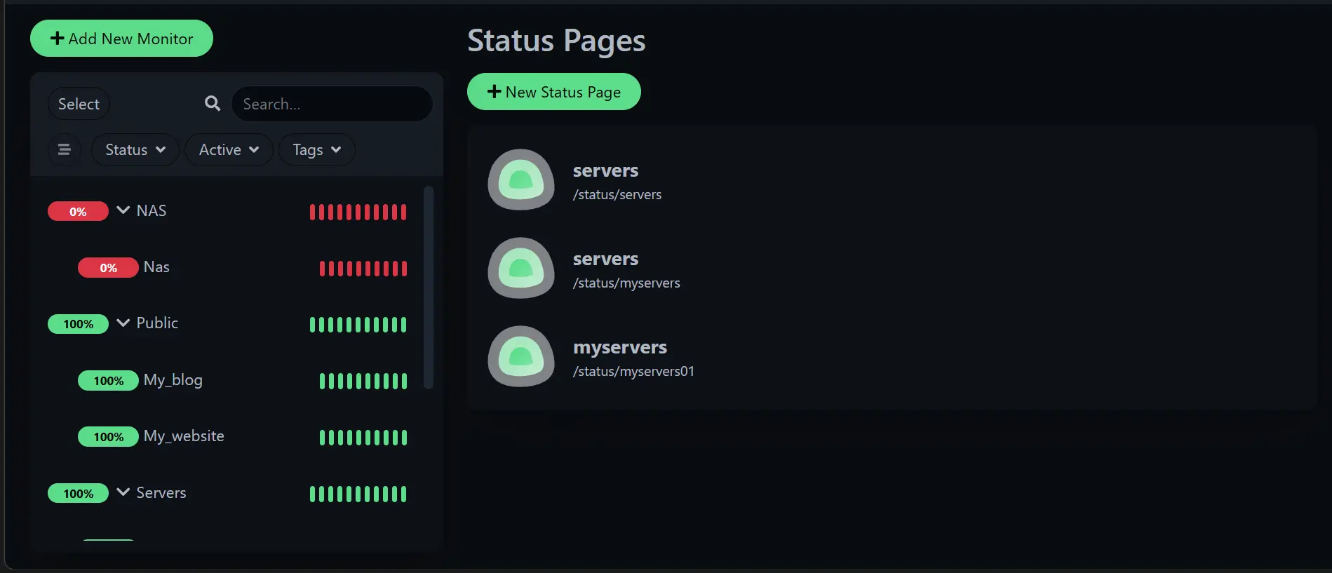 Monitoring screen for system metrics and uptime checks