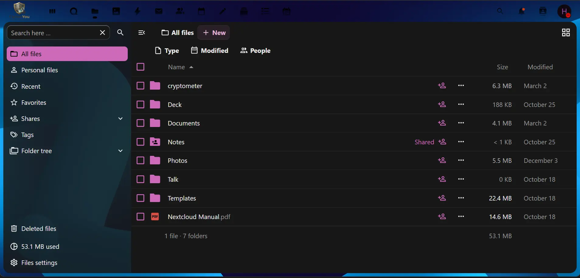 Nextcloud dashboard for private cloud storage and collaboration