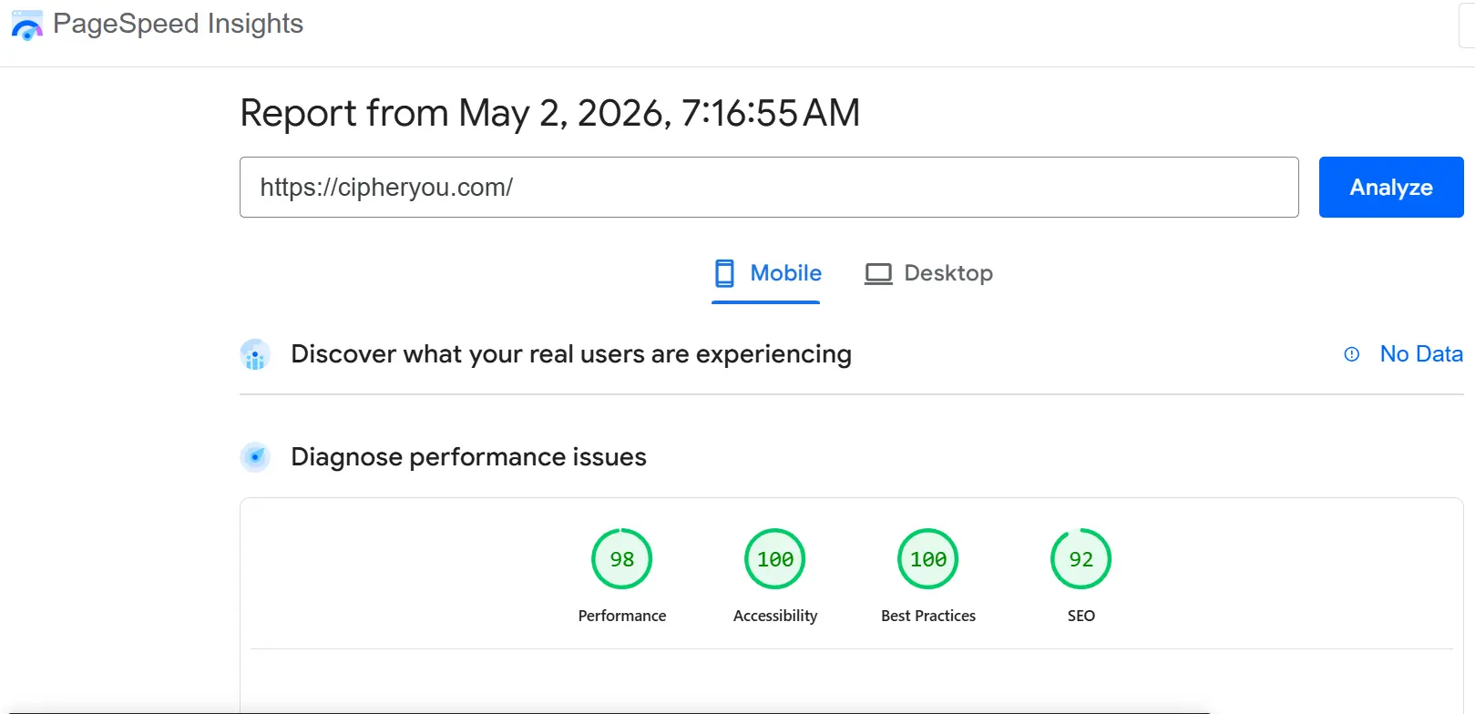 PageSpeed Insights report showing strong mobile performance, accessibility, best practices, and SEO scores for cipheryou.com