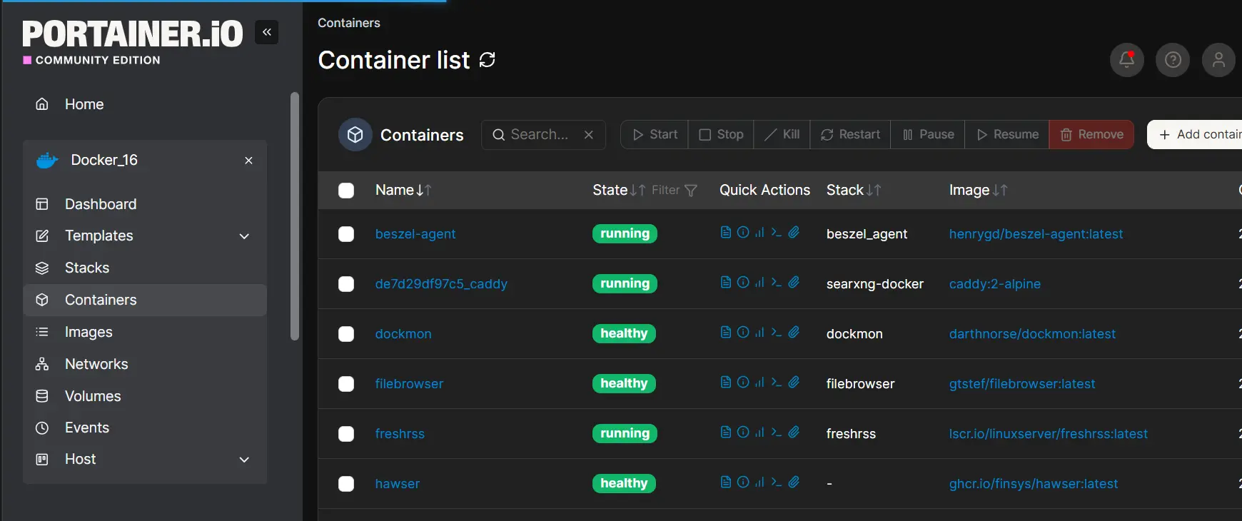 Portainer dashboard for managing Docker containers and environments