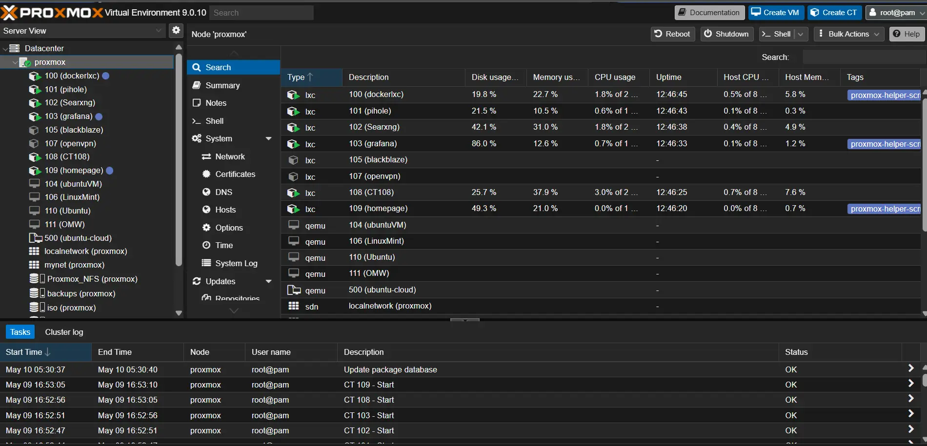 Proxmox virtualization dashboard with server resources and virtual machines