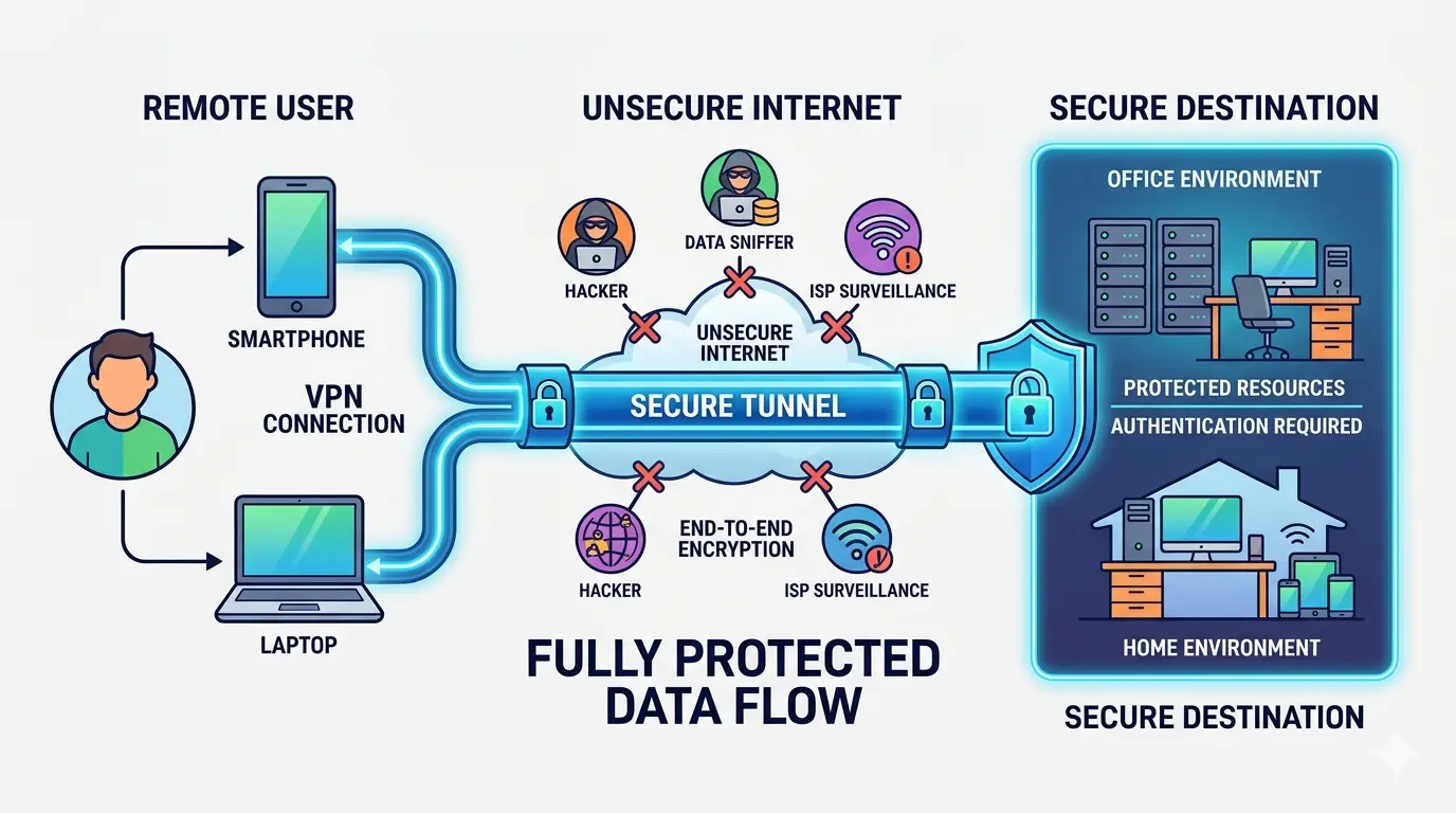Remote access architecture diagram showing a secure tunnel between remote users and protected internal resources.