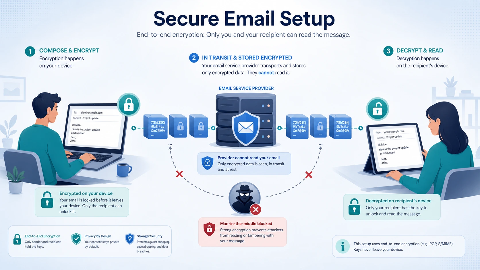 Secure email setup illustration for a business mailbox environment with organized authentication and provider setup.