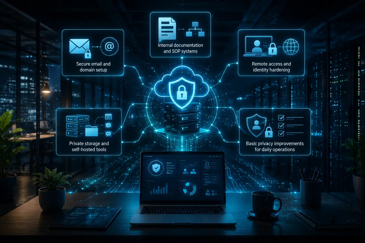 Small business IT support workspace showing organized tools, documentation, and professional digital systems.