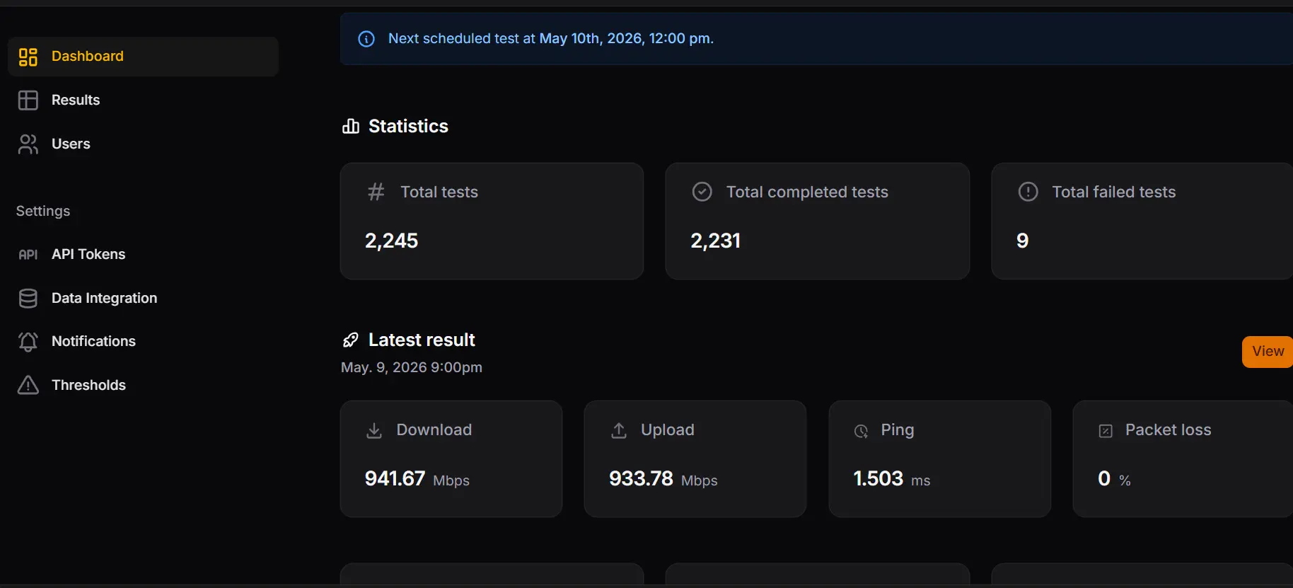 Network speed test dashboard showing connection performance