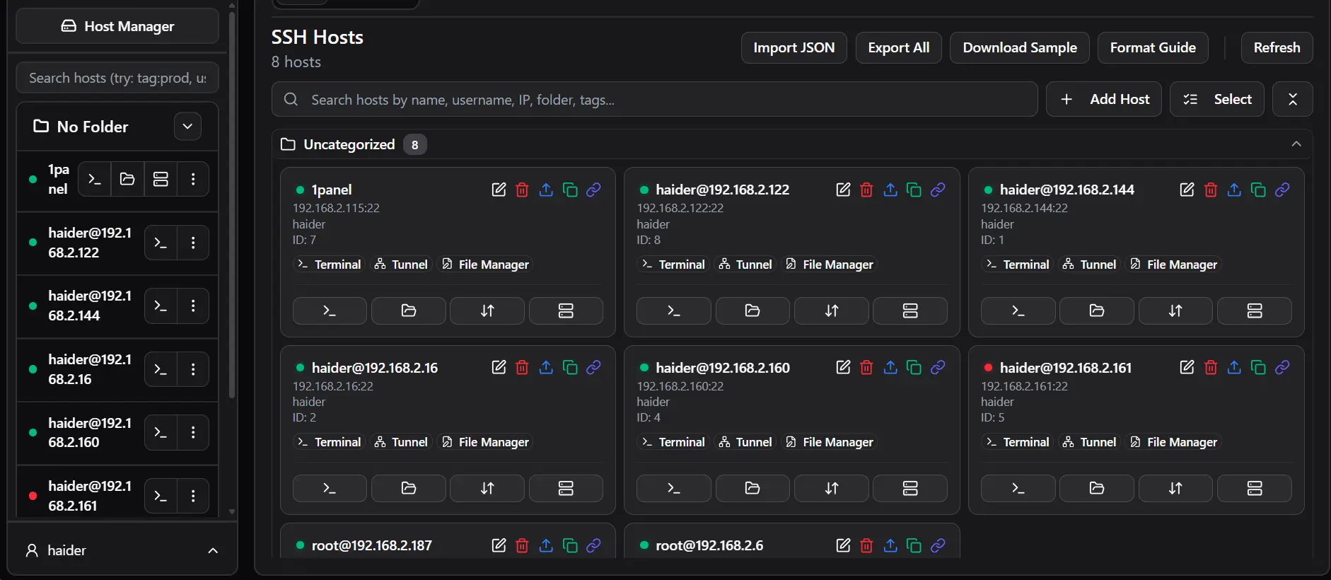 SSH host manager for organizing secure server connections