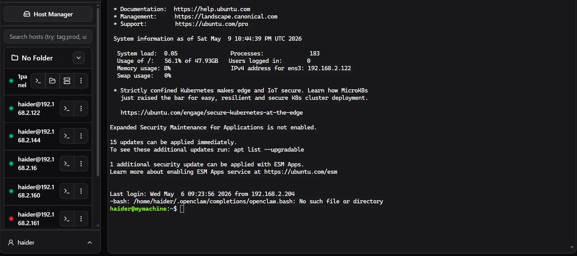 SSH terminal session used for secure server administration
