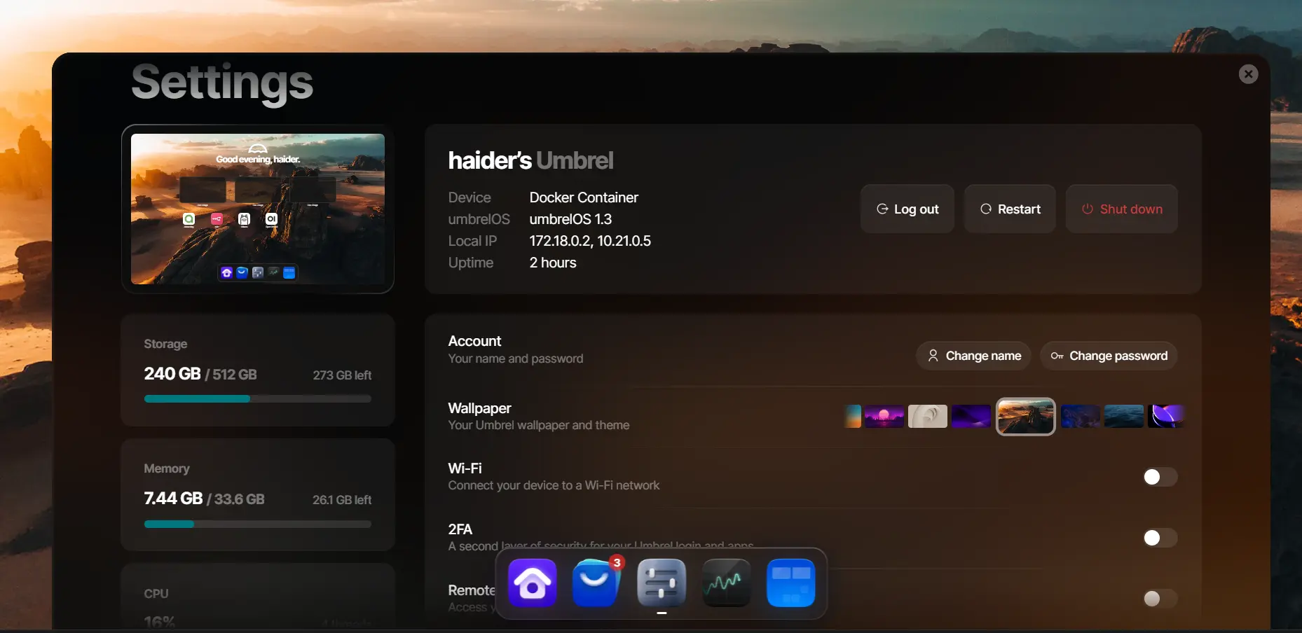 Umbrel interface for self-hosted private applications